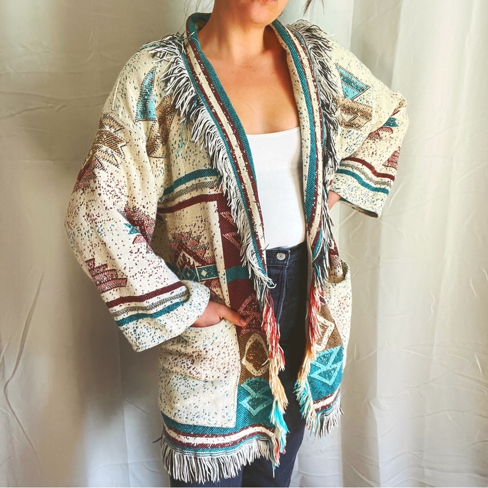 VTG Handmade Southwestern Aztec Native American Blanket Fringe Cardigan / Coat - Picture 14 of 16